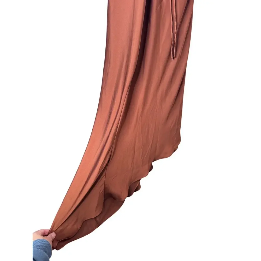 AllSaints Alexia ruched satin asymmetric midi dress in bronze Size 2 XS - Picture 6 of 8